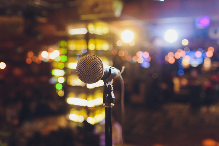 A microphone sits ready for live music in Port Aransas